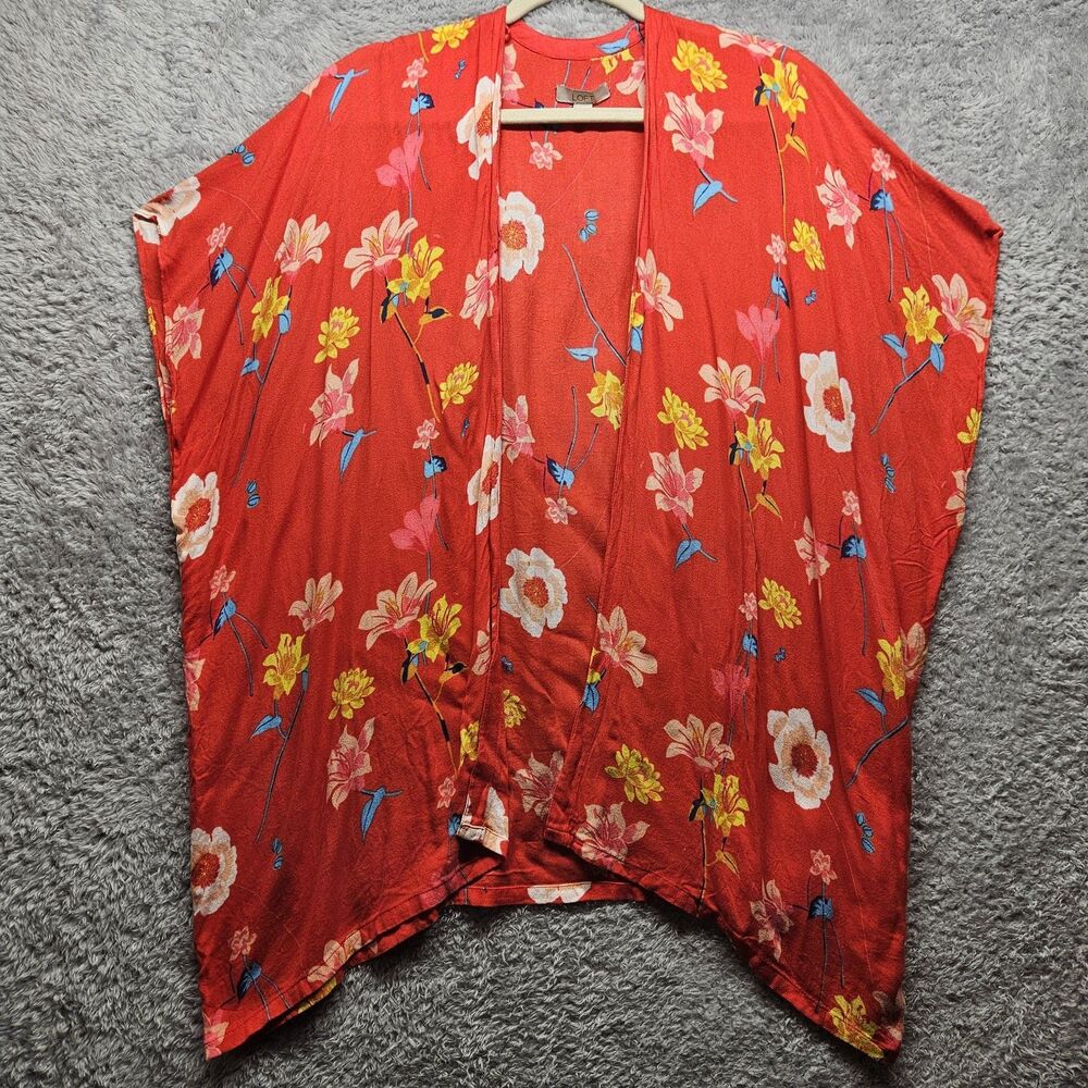 Loft Red Floral Kimono Open Front Womens Size M/L Colorful Vacation Cruise Beach